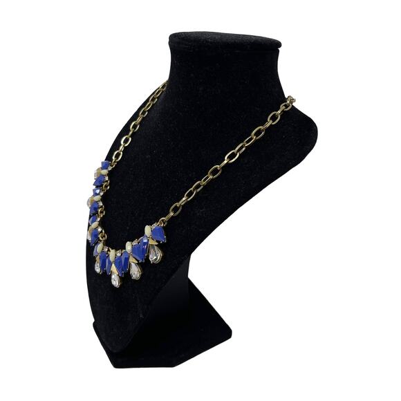 J Crew Blue Rhinestone Bib Statement Necklace Gold Tone Chainlink Gem Stones - Picture 4 of 6